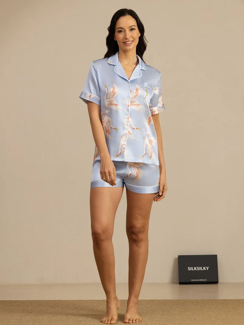 19 Momme 100% Maulbeerseide Damen-Kurzarm-Pyjama-Set mit Kranichmuster und Reverskragen