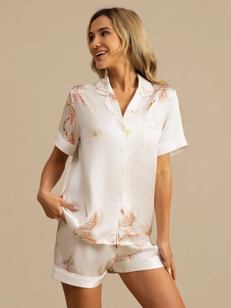19 Momme 100% Maulbeerseide Damen-Kurzarm-Pyjama-Set mit Kranichmuster und Reverskragen