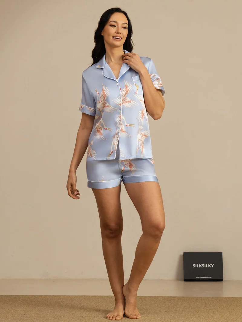 19 Momme 100% Maulbeerseide Damen-Kurzarm-Pyjama-Set mit Kranichmuster und Reverskragen