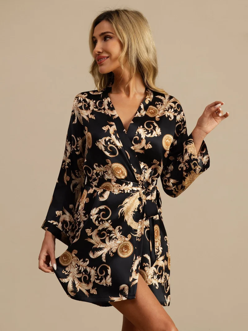100% Maulbeerseide Damen-Kimono mit Drachenmuster sowie 3/4-Ärmeln und Gürtel
