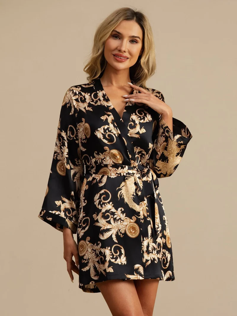 100% Maulbeerseide Damen-Kimono mit Drachenmuster sowie 3/4-Ärmeln und Gürtel