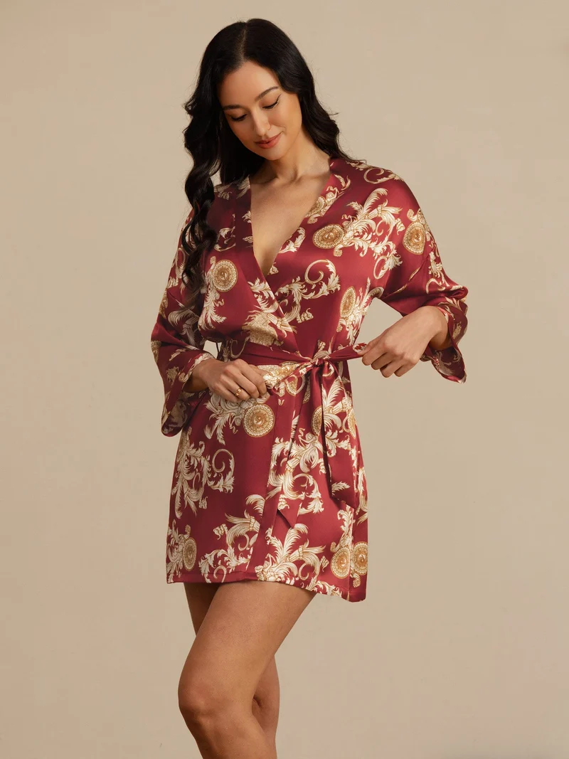 100% Maulbeerseide Damen-Kimono mit Drachenmuster sowie 3/4-Ärmeln und Gürtel