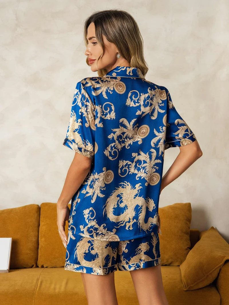 100% Maulbeerseide Damen-Kurzarm-Pyjama-Set mit Drachenmuster sowie Reverskragen und Shorts