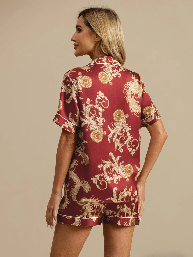 100% Maulbeerseide Damen-Kurzarm-Pyjama-Set mit Drachenmuster sowie Reverskragen und Shorts