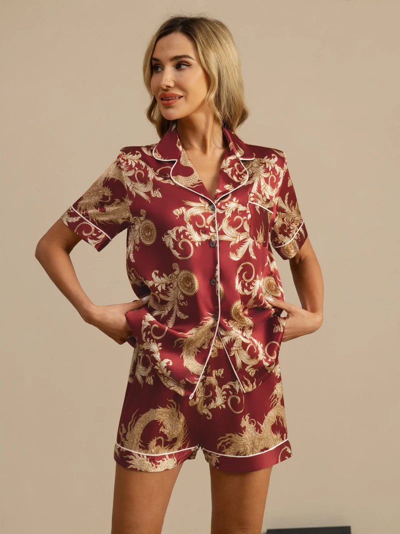 100% Maulbeerseide Damen-Kurzarm-Pyjama-Set mit Drachenmuster sowie Reverskragen und Shorts