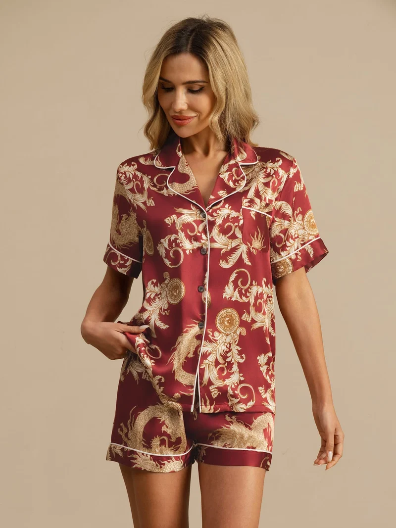 100% Maulbeerseide Damen-Kurzarm-Pyjama-Set mit Drachenmuster sowie Reverskragen und Shorts