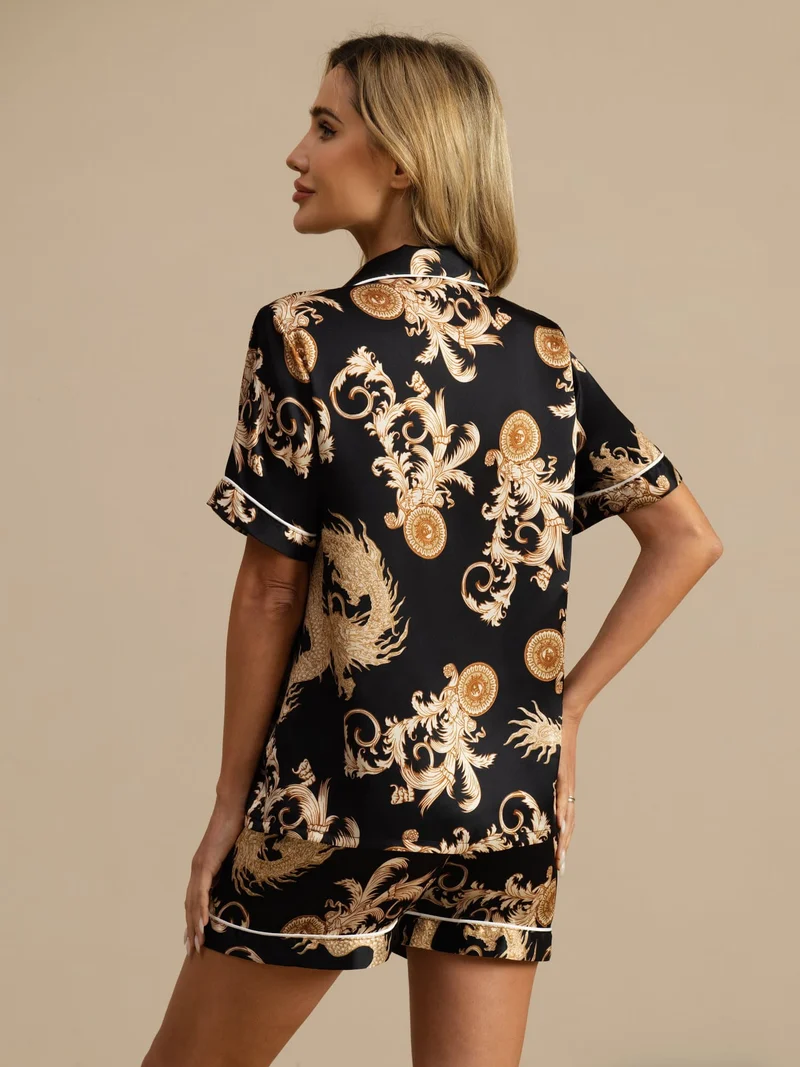100% Maulbeerseide Damen-Kurzarm-Pyjama-Set mit Drachenmuster sowie Reverskragen und Shorts