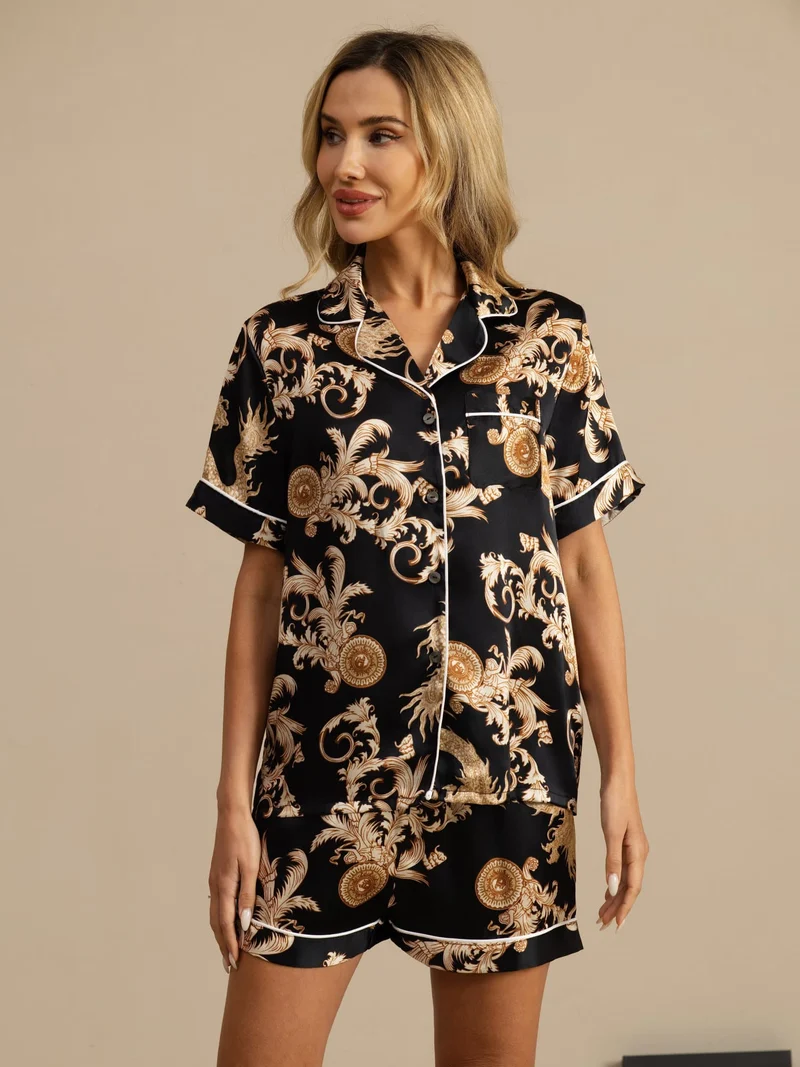 100% Maulbeerseide Damen-Kurzarm-Pyjama-Set mit Drachenmuster sowie Reverskragen und Shorts