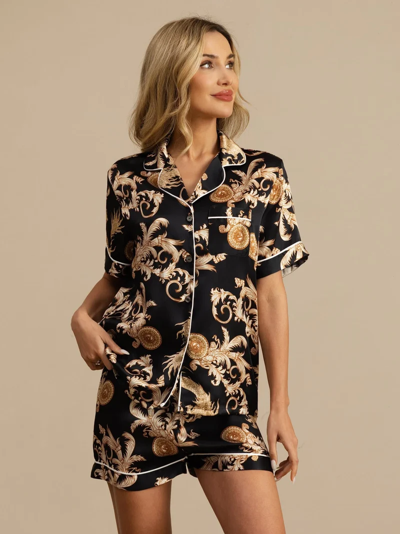 100% Maulbeerseide Damen-Kurzarm-Pyjama-Set mit Drachenmuster sowie Reverskragen und Shorts
