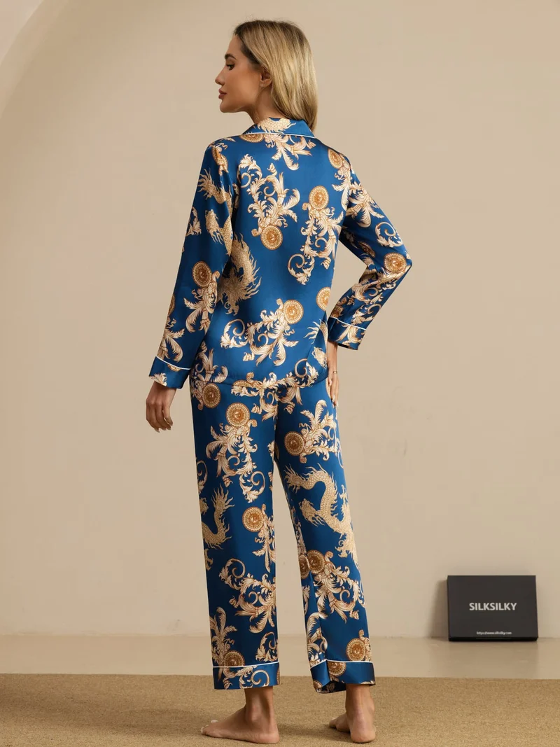 100% Maulbeerseide Damen-Langarm-Pyjama-Set mit Drachenmuster sowie Reverskragen und Hose