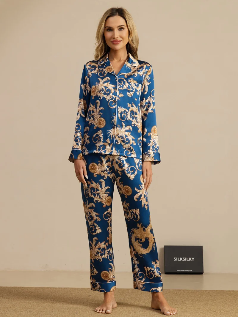 100% Maulbeerseide Damen-Langarm-Pyjama-Set mit Drachenmuster sowie Reverskragen und Hose