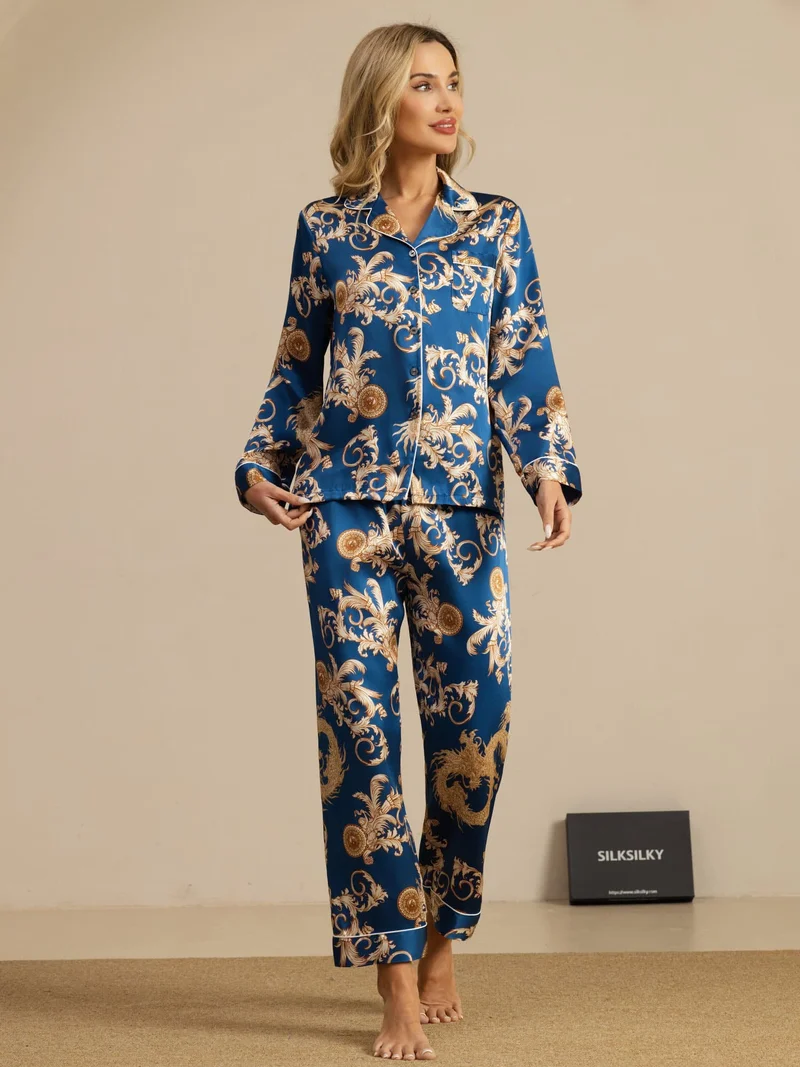 100% Maulbeerseide Damen-Langarm-Pyjama-Set mit Drachenmuster sowie Reverskragen und Hose