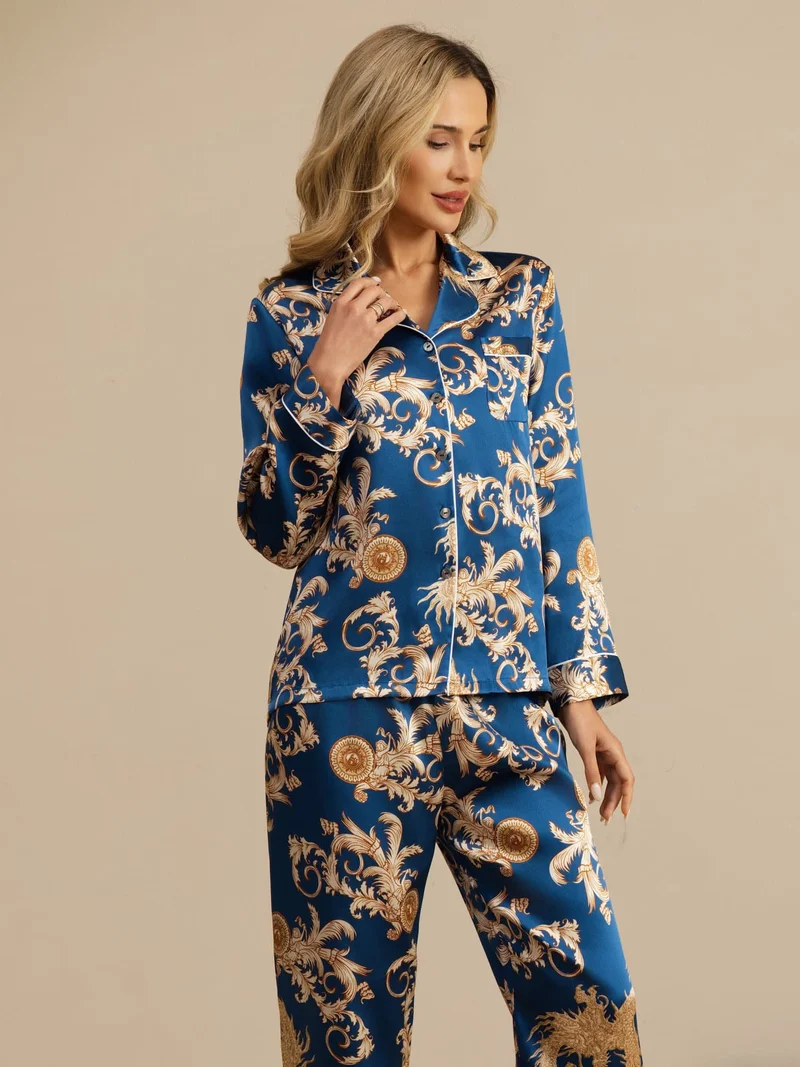 100% Maulbeerseide Damen-Langarm-Pyjama-Set mit Drachenmuster sowie Reverskragen und Hose