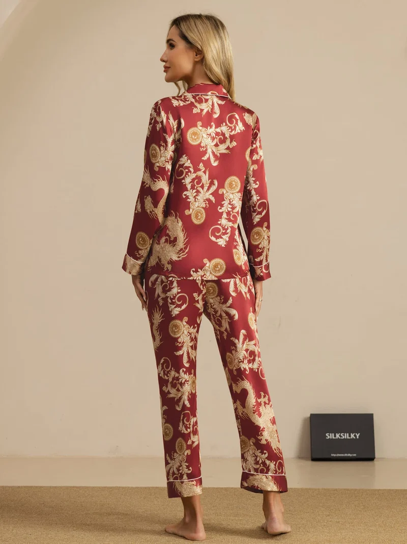 100% Maulbeerseide Damen-Langarm-Pyjama-Set mit Drachenmuster sowie Reverskragen und Hose