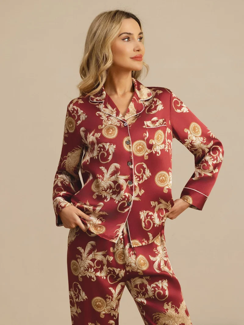 100% Maulbeerseide Damen-Langarm-Pyjama-Set mit Drachenmuster sowie Reverskragen und Hose