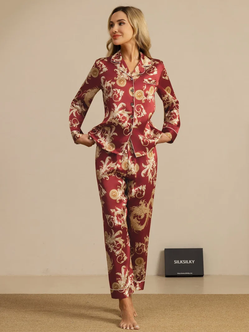 100% Maulbeerseide Damen-Langarm-Pyjama-Set mit Drachenmuster sowie Reverskragen und Hose