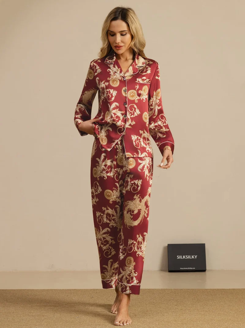 100% Maulbeerseide Damen-Langarm-Pyjama-Set mit Drachenmuster sowie Reverskragen und Hose