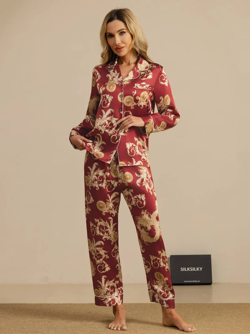 100% Maulbeerseide Damen-Langarm-Pyjama-Set mit Drachenmuster sowie Reverskragen und Hose