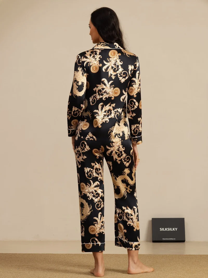 100% Maulbeerseide Damen-Langarm-Pyjama-Set mit Drachenmuster sowie Reverskragen und Hose