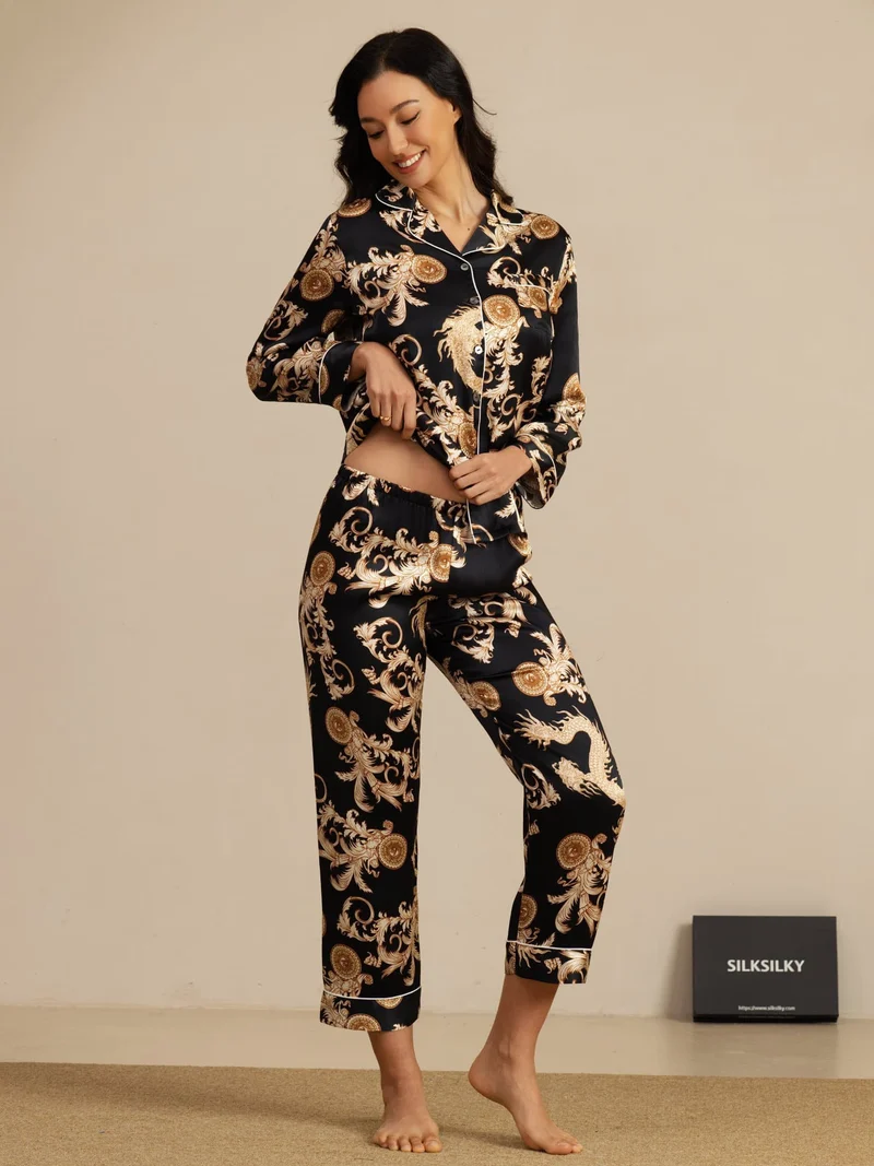100% Maulbeerseide Damen-Langarm-Pyjama-Set mit Drachenmuster sowie Reverskragen und Hose