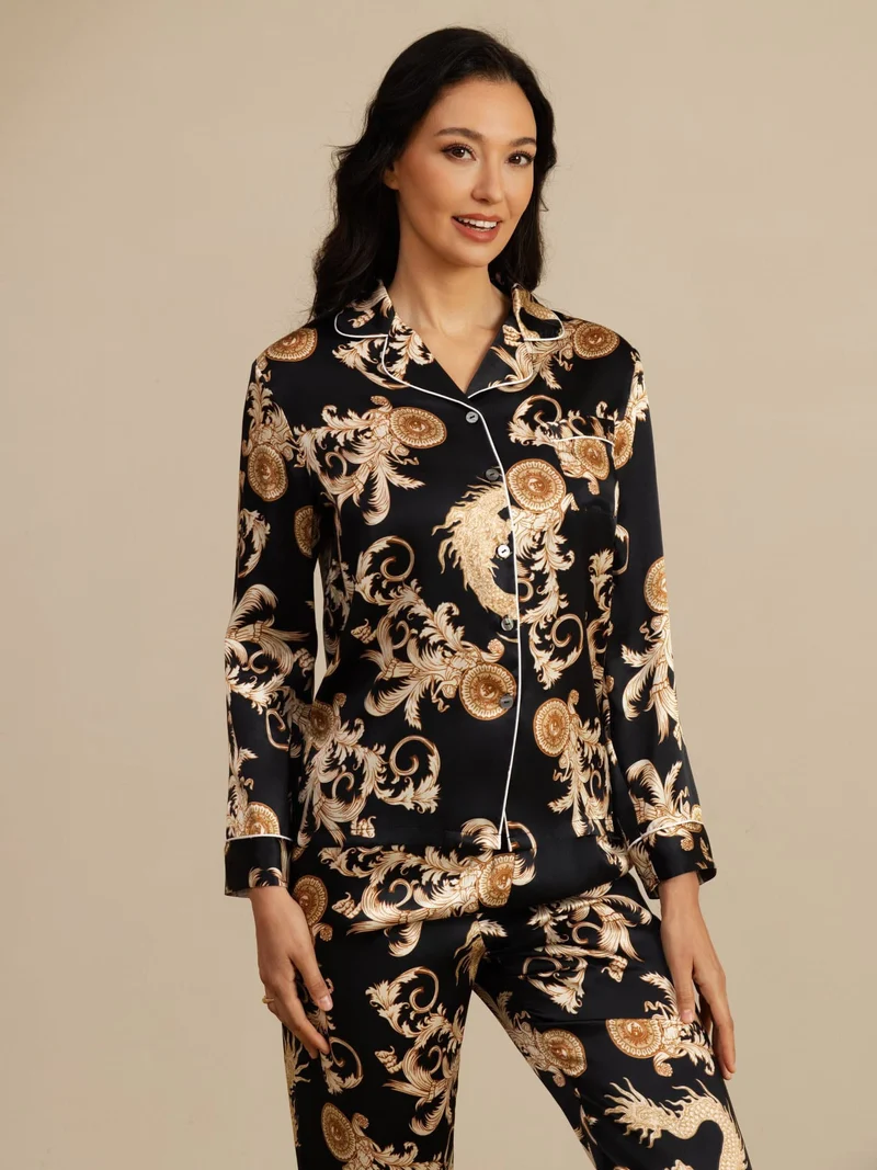 100% Maulbeerseide Damen-Langarm-Pyjama-Set mit Drachenmuster sowie Reverskragen und Hose