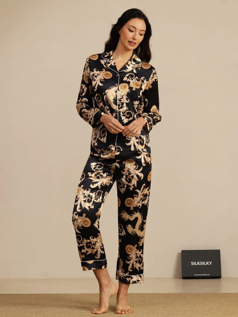 100% Maulbeerseide Damen-Langarm-Pyjama-Set mit Drachenmuster sowie Reverskragen und Hose