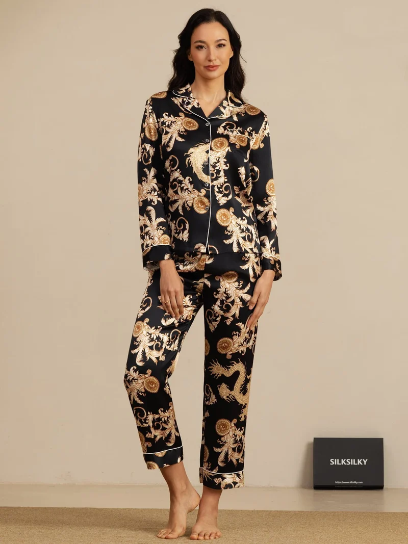100% Maulbeerseide Damen-Langarm-Pyjama-Set mit Drachenmuster sowie Reverskragen und Hose