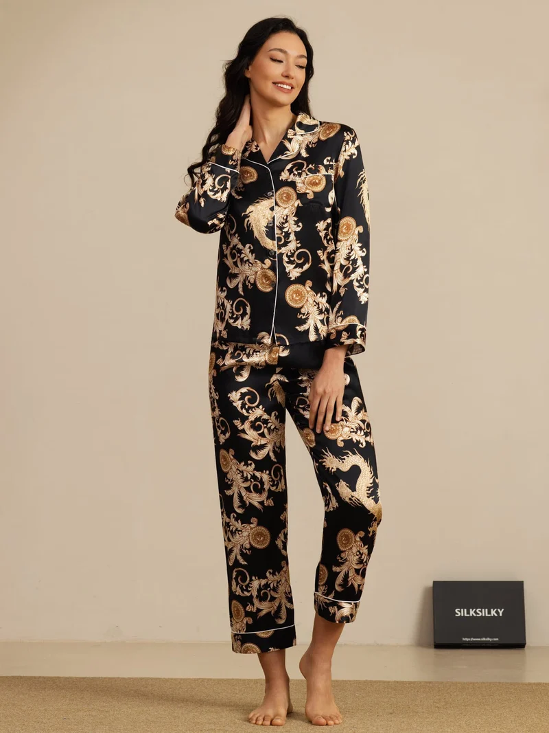 100% Maulbeerseide Damen-Langarm-Pyjama-Set mit Drachenmuster sowie Reverskragen und Hose