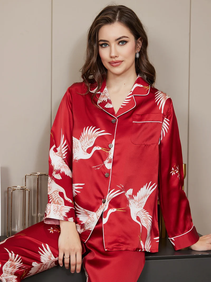 19 Momme 100% Maulbeerseide Damen-Langarm-Pyjama-Set mit Kranichmuster und Reverskragen