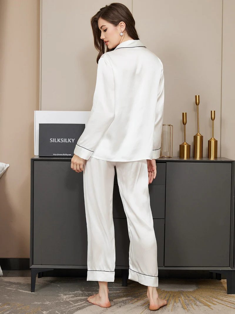 100% Maulbeerseide Damen-Langarm-Pyjama-Set mit Knopfleiste