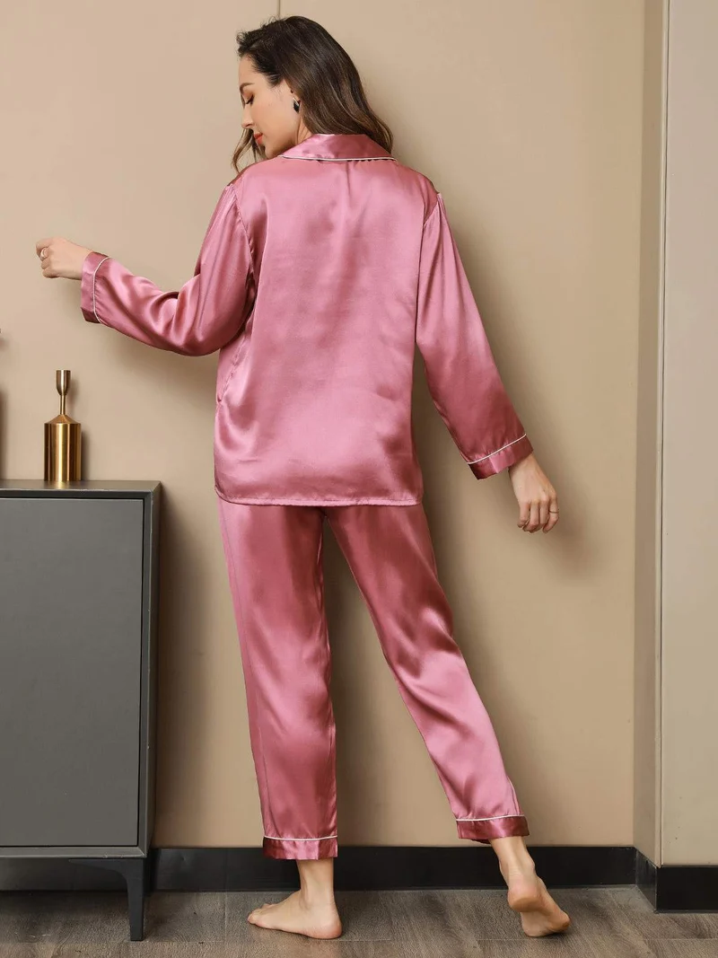 100% Maulbeerseide Damen-Langarm-Pyjama-Set mit Knopfleiste