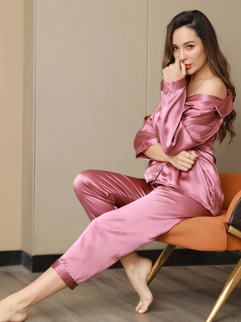 100% Maulbeerseide Damen-Langarm-Pyjama-Set mit Knopfleiste