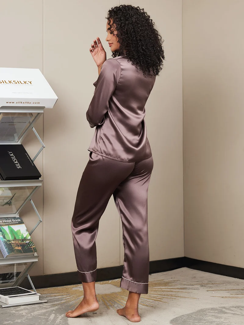 100% Maulbeerseide Damen-Langarm-Pyjama-Set mit Knopfleiste