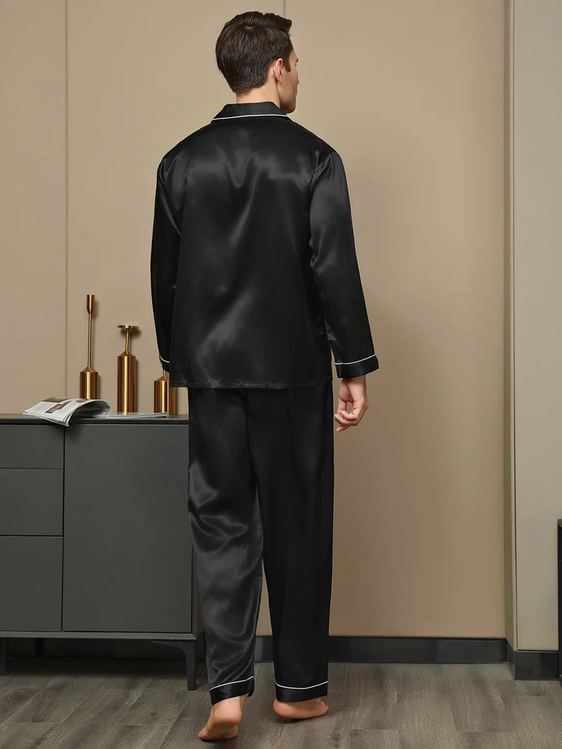 100% Maulbeerseide Herren-Langarm-Pyjama-Set mit Reverskragen und Knopfleiste