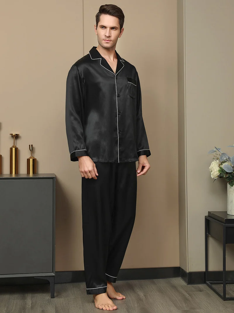 100% Maulbeerseide Herren-Langarm-Pyjama-Set mit Reverskragen und Knopfleiste