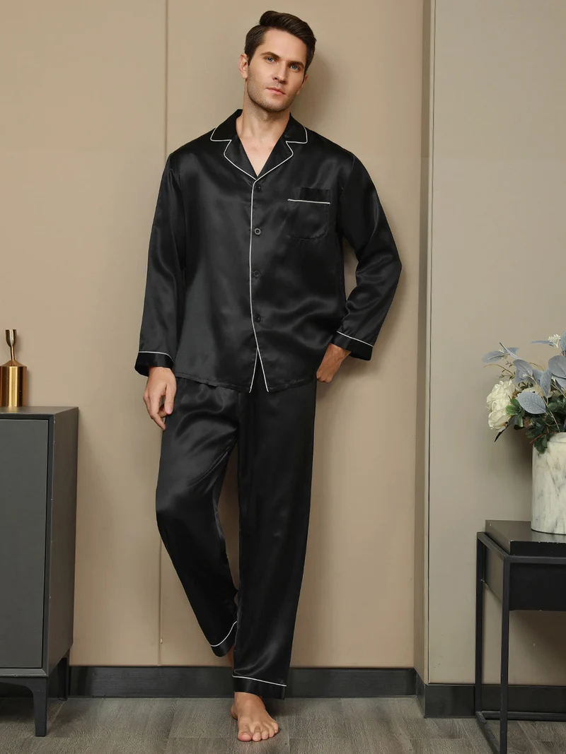 100% Maulbeerseide Herren-Langarm-Pyjama-Set mit Reverskragen und Knopfleiste