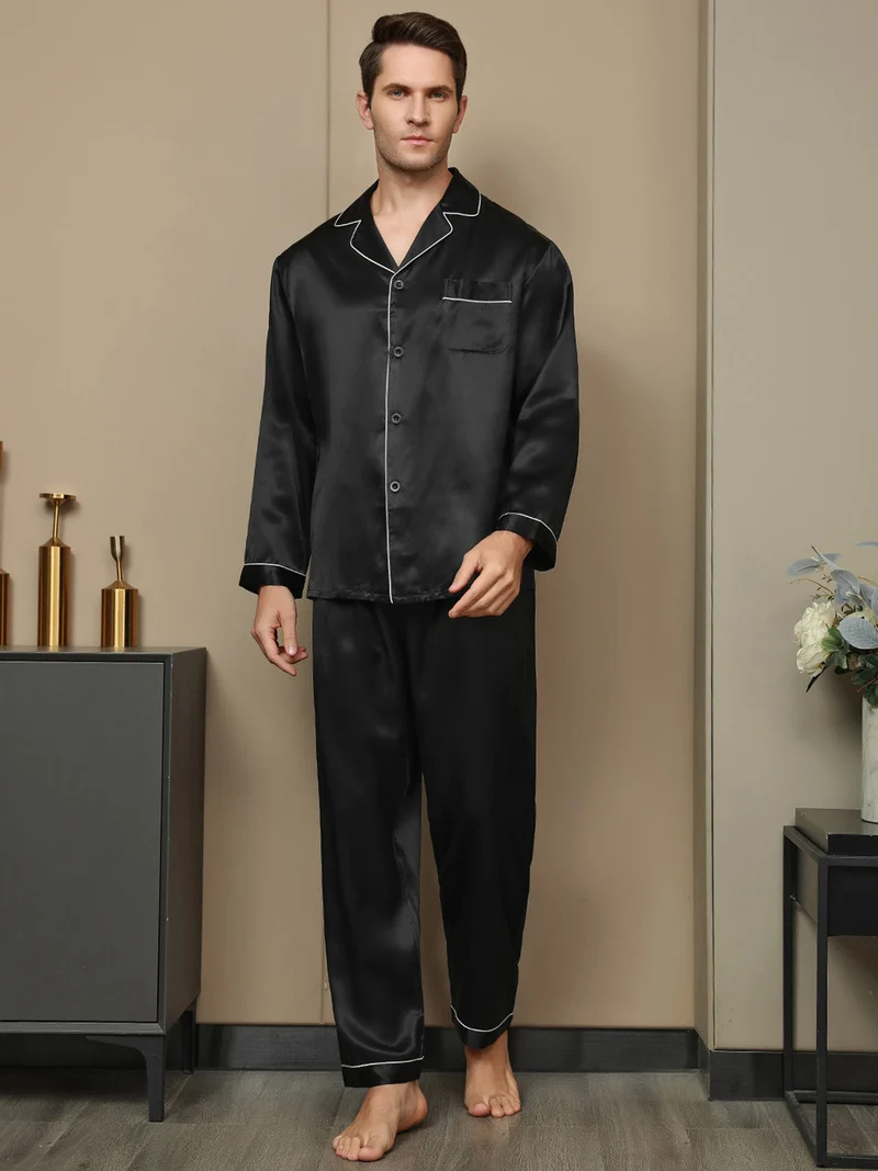 100% Maulbeerseide Herren-Langarm-Pyjama-Set mit Reverskragen und Knopfleiste