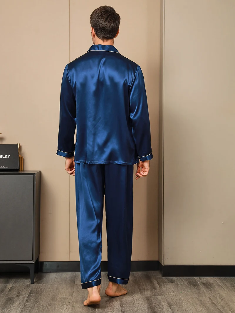 100% Maulbeerseide Herren-Langarm-Pyjama-Set mit Reverskragen und Knopfleiste