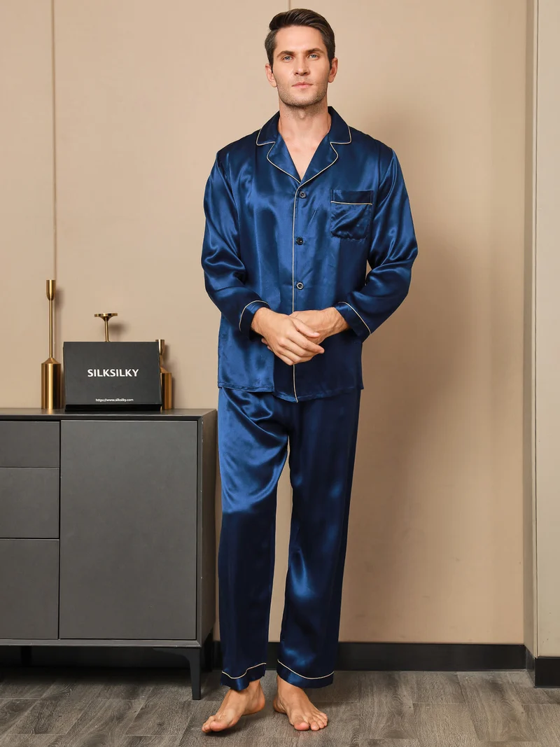 100% Maulbeerseide Herren-Langarm-Pyjama-Set mit Reverskragen und Knopfleiste