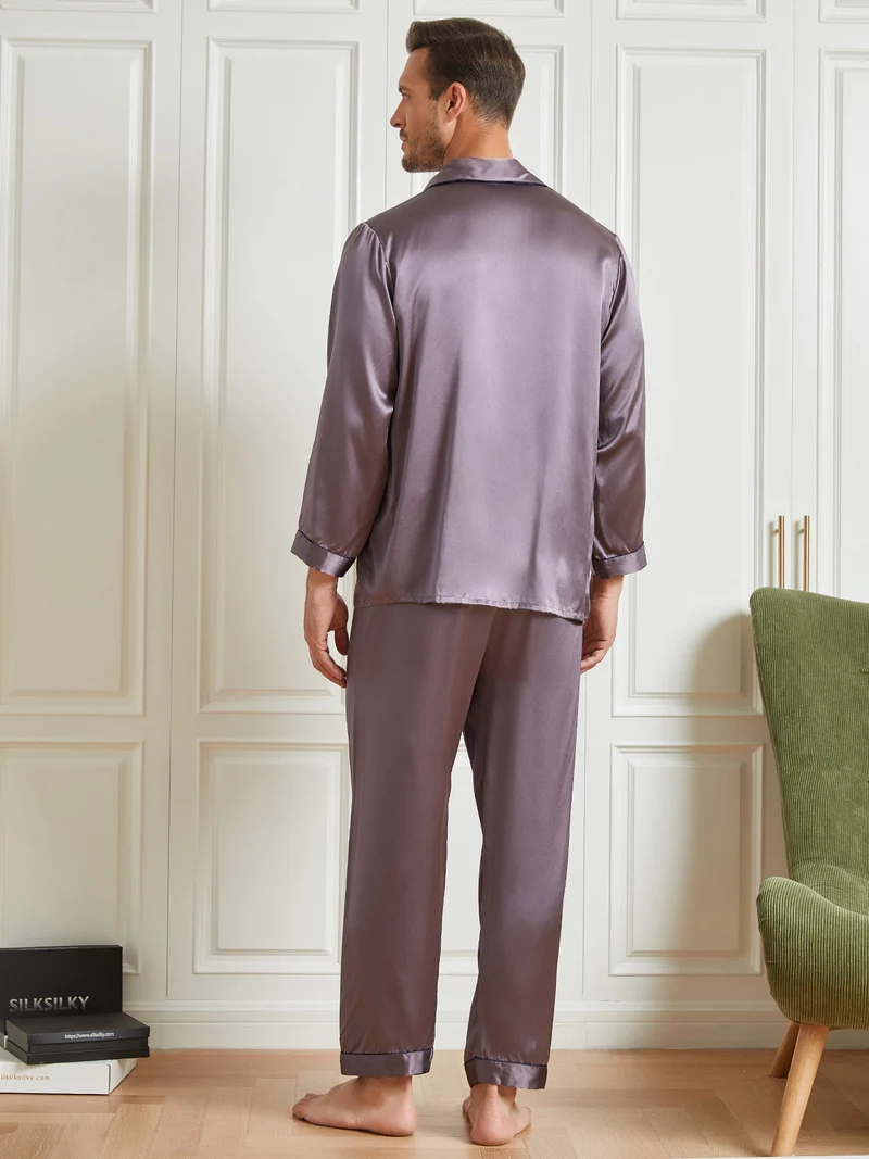 100% Maulbeerseide Herren-Langarm-Pyjama-Set mit Reverskragen und Knopfleiste