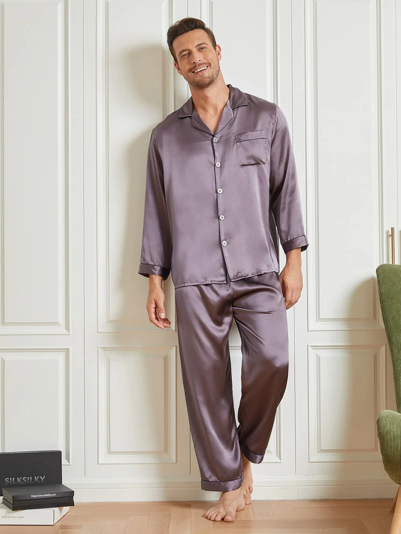 100% Maulbeerseide Herren-Langarm-Pyjama-Set mit Reverskragen und Knopfleiste