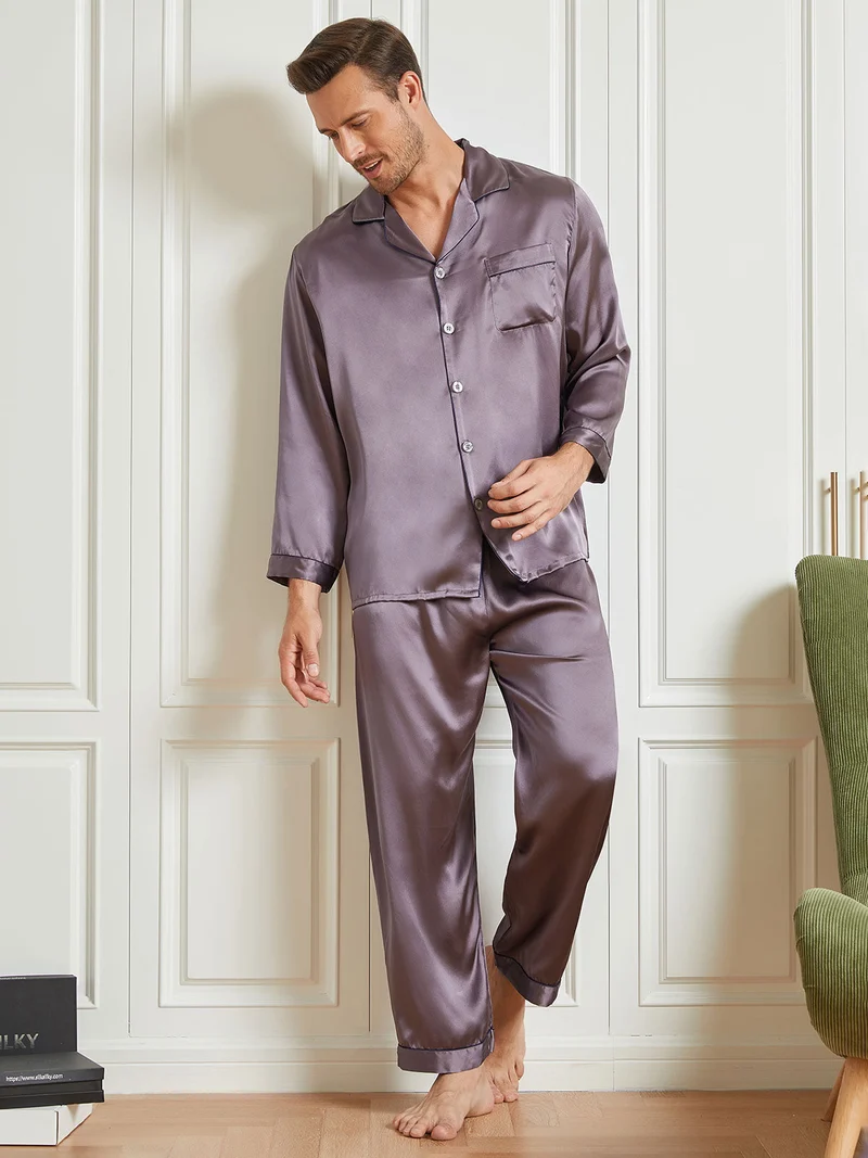 100% Maulbeerseide Herren-Langarm-Pyjama-Set mit Reverskragen und Knopfleiste