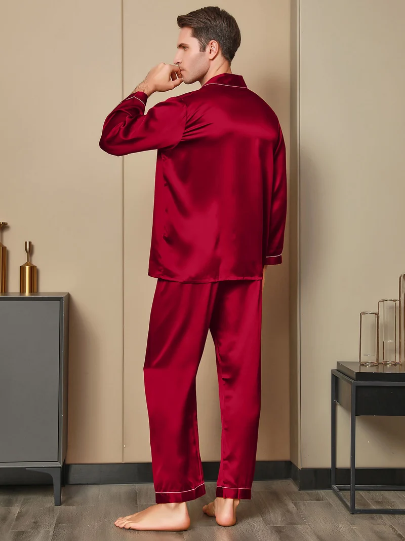 100% Maulbeerseide Herren-Langarm-Pyjama-Set mit Reverskragen und Knopfleiste