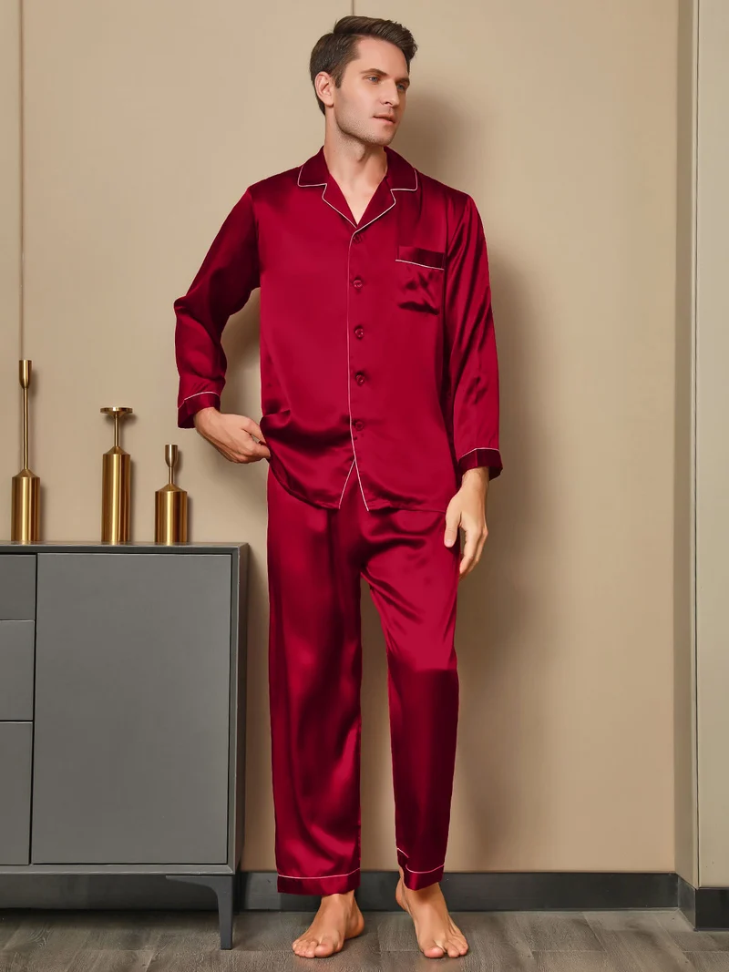 100% Maulbeerseide Herren-Langarm-Pyjama-Set mit Reverskragen und Knopfleiste