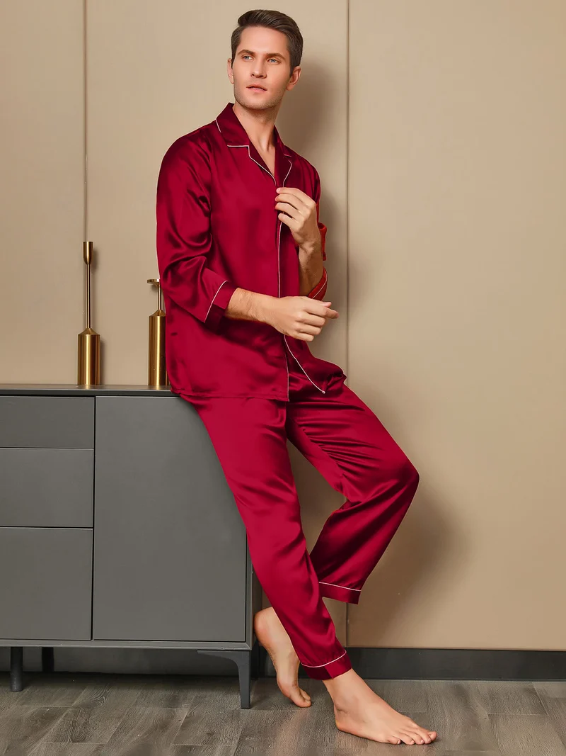 100% Maulbeerseide Herren-Langarm-Pyjama-Set mit Reverskragen und Knopfleiste