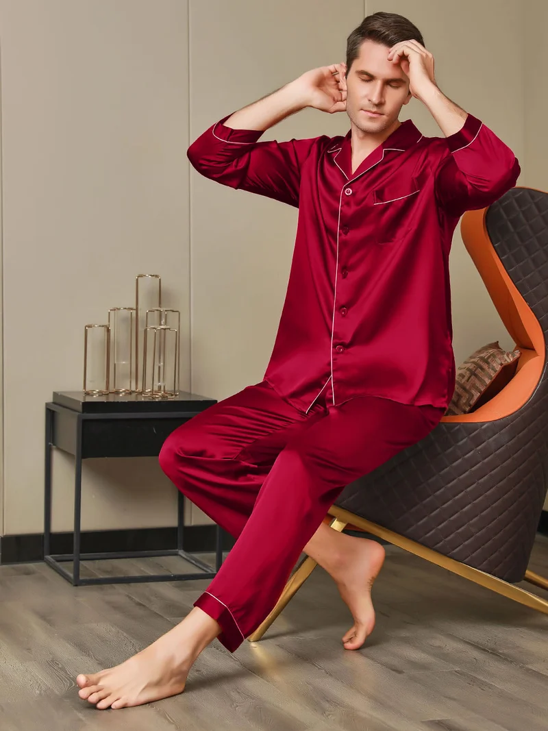 100% Maulbeerseide Herren-Langarm-Pyjama-Set mit Reverskragen und Knopfleiste
