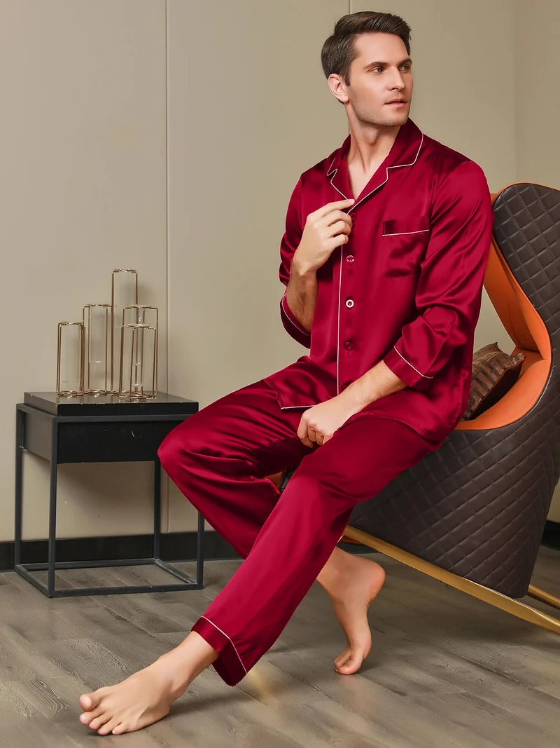 100% Maulbeerseide Herren-Langarm-Pyjama-Set mit Reverskragen und Knopfleiste