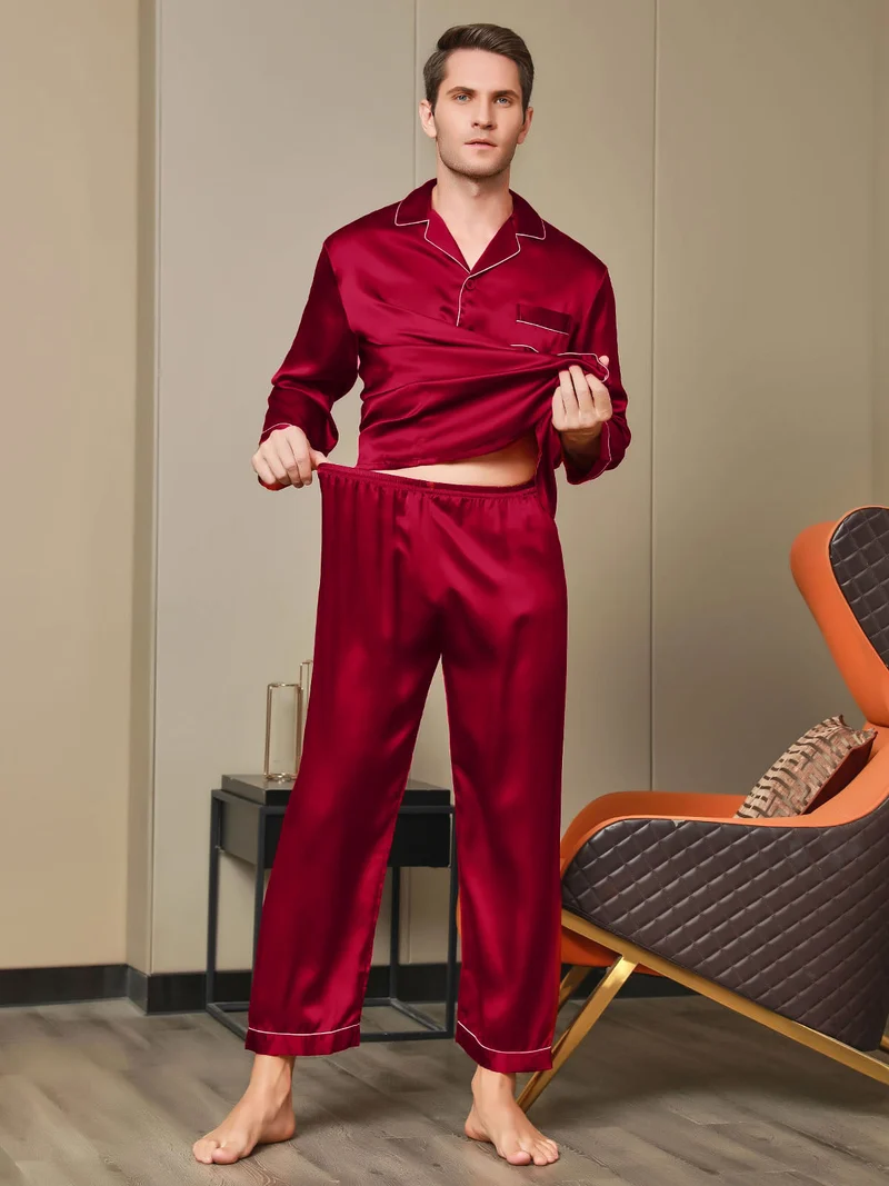 100% Maulbeerseide Herren-Langarm-Pyjama-Set mit Reverskragen und Knopfleiste