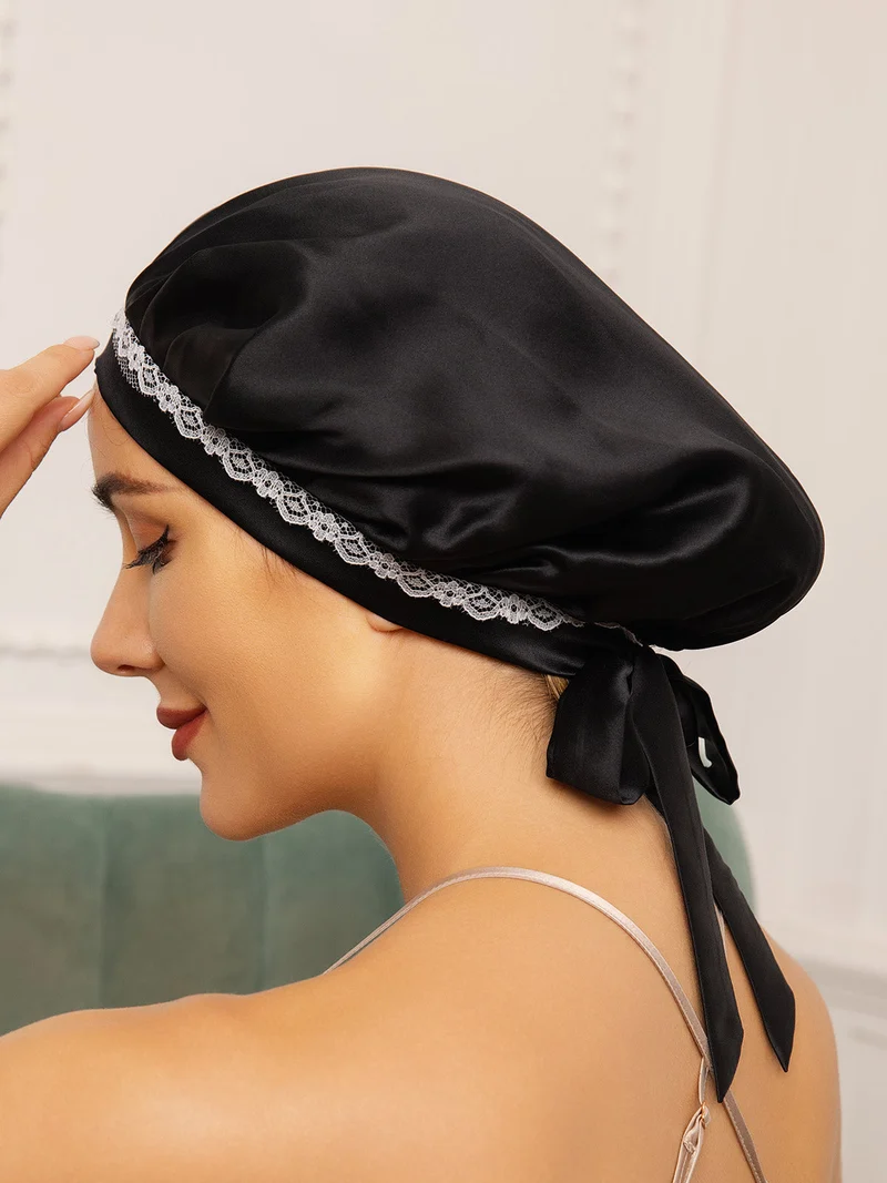 100% Maulbeerseide Spitzen-Schlafhaube mit Bändern