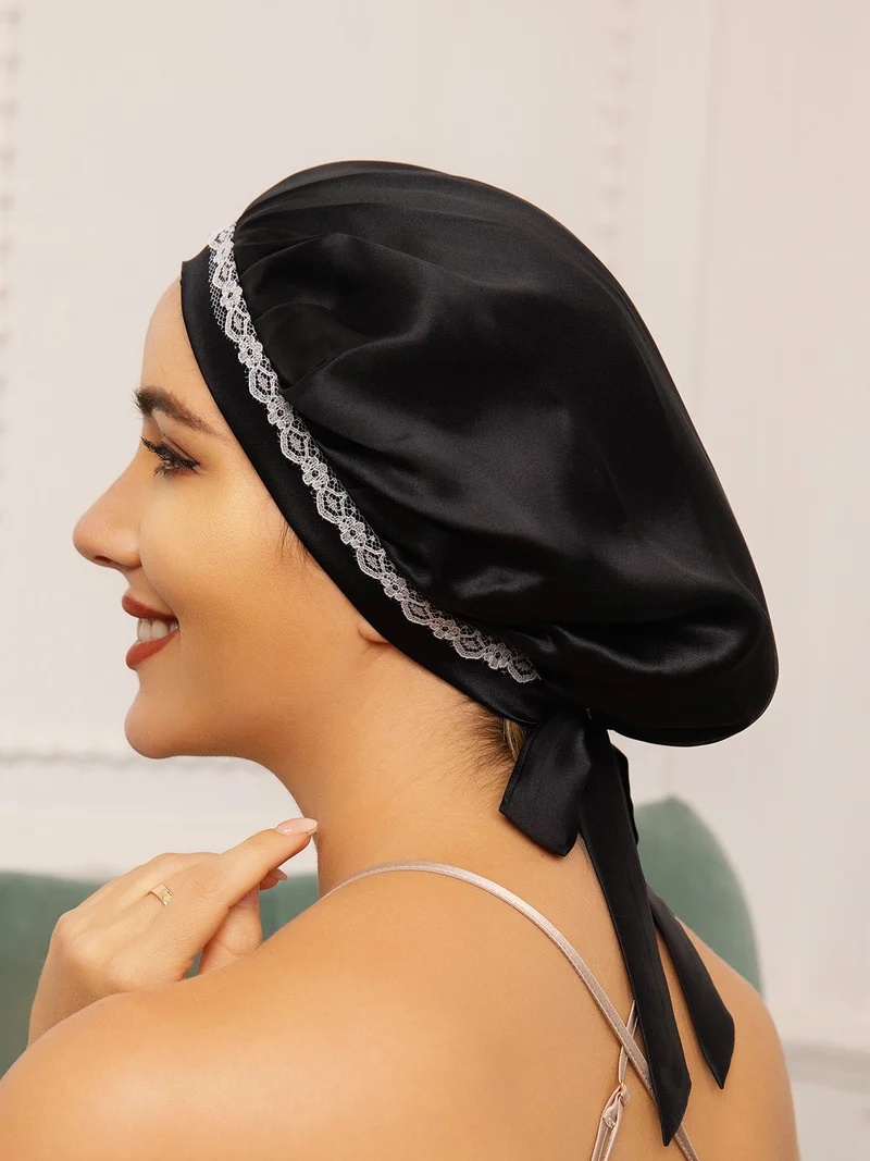 100% Maulbeerseide Spitzen-Schlafhaube mit Bändern
